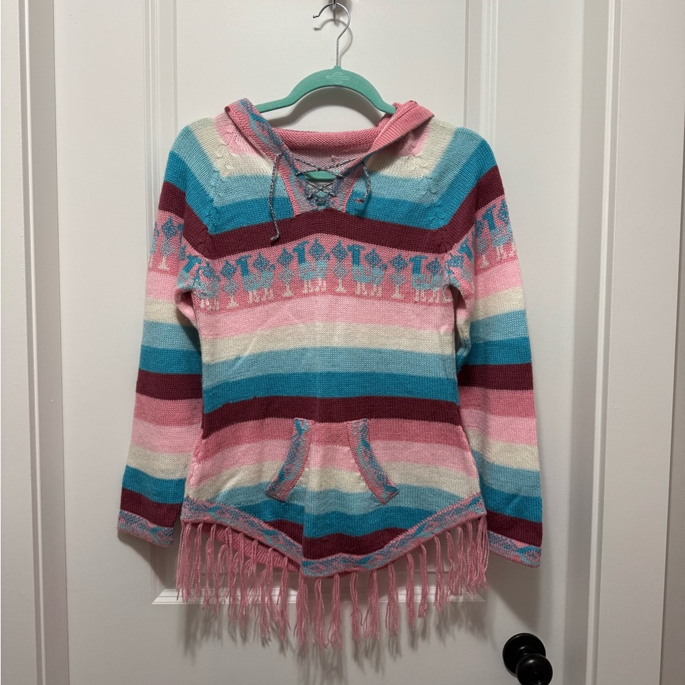 Peruvian Alpaca Women's Striped Knit Hoodie Kangaroo Pocket Fringe Lace Up